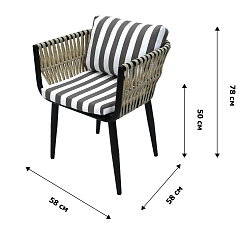Кресло к набору Монте-Карло  (каркас черный, ротанг жемчуг, ткань ПОЛОСКА) (В) 